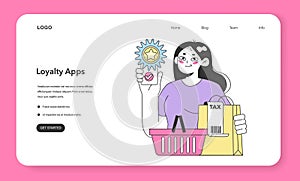 Loyalty program application web banner or landing page. Woman holding