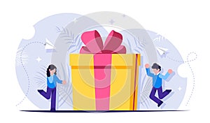 Loyalty program is a concept. Man and a woman receive a gift for using the services. Gift box with a bow. Vector