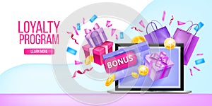 Loyalty program, customer gift card, internet reward vector landing page, laptop, present box, confetti.