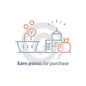 Loyalty program, earn points and get reward, marketing concept, grocery food and shopping basket