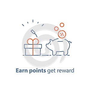 Loyalty program, earn points and get reward, marketing concept, piggy bank with coins and small gift box