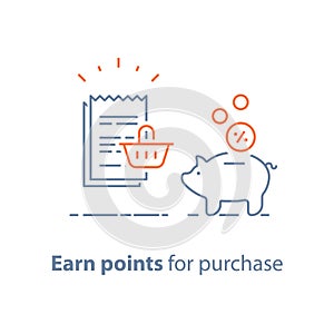 Loyalty program, earn points and get reward, marketing concept, piggy bank with coins and till slip with shopping basket