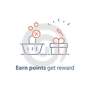 Loyalty program, earn points and get reward, marketing concept, small gift box and shopping basket photo