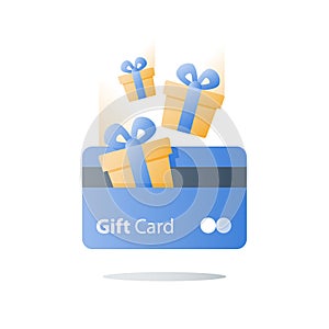 Loyalty program, earn reward, gift card, perks concept, vector flat icon
