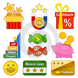 Loyalty program icons set cartoon vector. Reward earn bonus