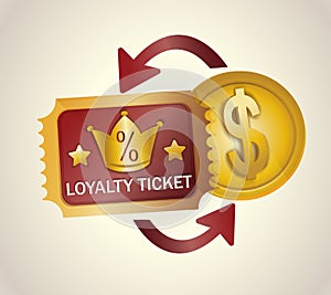 Loyalty program ticket vector icon. Discount or bonus card with percent signs, crown. Promotion and saving money while shopping
