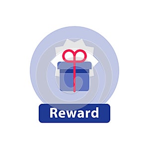 Loyalty reward, surprising gift box, super present, win prize, flat icon
