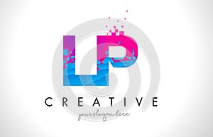 LP L P Letter Logo with Shattered Broken Blue Pink Texture Design Vector.