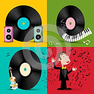 LP - Vinyl Record Discs with Speakers, Piano Keyboard, Violin and Singer.