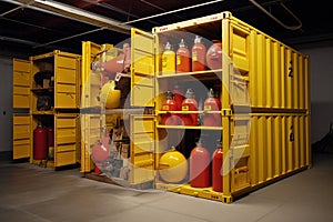 LPG gas cylinders transported for distribution in big yellow container. LPG gas used for domestic cooking