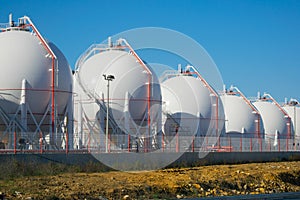 LPG or LNG storage tanks on a plant. Liquefied  petroleum gas (LPG) storage tanks. Gas plant