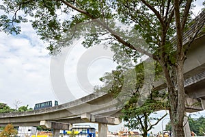 Lrt train in motion with railroad and trees