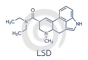 LSD lysergic acid diethylamide psychedelic drug molecule. Skeletal formula.