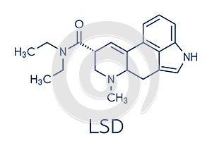 LSD lysergic acid diethylamide psychedelic drug molecule. Skeletal formula. photo