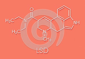 LSD lysergic acid diethylamide psychedelic drug molecule. Skeletal formula. photo