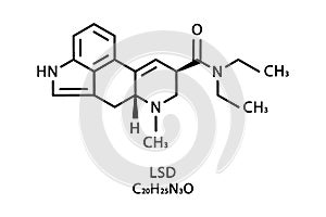 LSD molecular structure. Lysergic acid diethylamide skeletal chemical formula. Chemical molecular formula vector photo