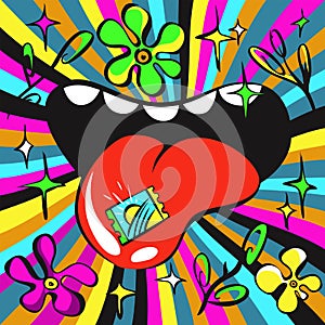 Lsd psychedelic illustration, acid mark on tongue, bright colours photo