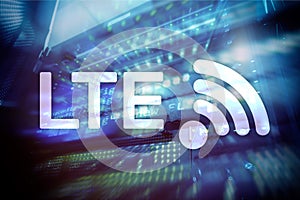 LTE, 5g wireless internet technology concept. Server room.