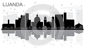 Luanda Angola City skyline black and white silhouette with Refle