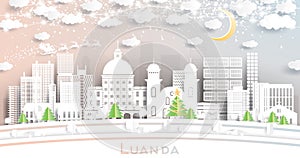 Luanda Angola City Skyline in Paper Cut Style with Snowflakes, Moon and Neon Garland