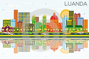 Luanda Angola Skyline with Color Buildings, Blue Sky and Reflect