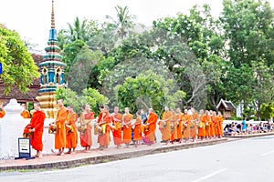 Buddhist monks collecting alms in the morning in Luang Prabang, Laos. photo