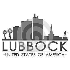 Lubbock Texas USA Skyline Silhouette Design City Vector Art Famous Buildings.