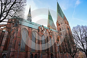 Lubeck Marienkirche St. Mary`s church, a historic brick gothic basilica with two towers built by the merchants of the hanseatic