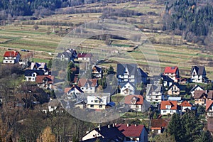 LUBIEN, POLAND - NOVEMBER 24, 2019:  A colorful houses typical of polish village landscape