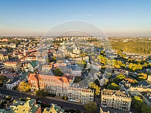 Lublin from the bird`s eye view. City view with Trinitarian tower and Lublin Cathedral.