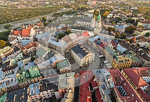 Lublin - the old town with the Crown Court and the Trinitari Tower seen from the air. Bird`s-eye view.