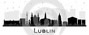 Lublin Poland city skyline silhouette with black buildings isolated on white. Lublin cityscape with landmarks. Business and