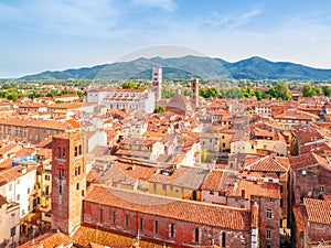 Lucca summer skyline with St Martin Cathedral and bell towers, Tuscany, Italy