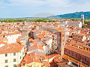 Lucca summer skyline with St Martin Cathedral and bell towers, Tuscany, Italy