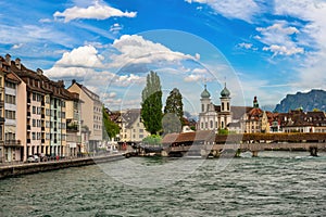 Lucerne (Luzern) Switzerland, city skyline at Reuss River