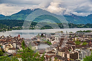 Lucerne (Luzern) Switzerland, high angle view skyline at Chapel Bridge, Reuss River and Lake Lucerne
