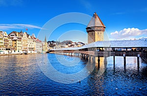 Lucerne, Switzerland, Chapel Bridge with white snow in winter