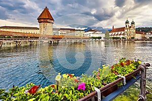 Lucerne, Switzerland - Famous wooden Chapel Bridge, oldest wooden covered bridge in Europe. Luzern