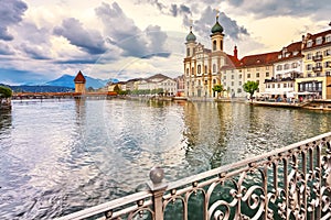 Lucerne, Switzerland - Famous wooden Chapel Bridge, oldest wooden covered bridge in Europe. Luzern