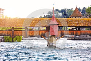 Lucerne, Switzerland - Famous wooden Chapel Bridge, oldest wooden covered bridge in Europe. Luzern