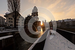 Lucerne, Switzerland, February 4, 2019: Lucerne with reuss river and historic old town on a wonderful winter morning