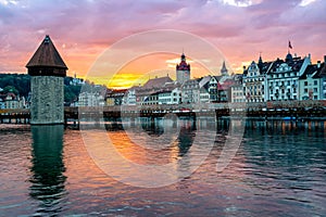 Lucerne, Switzerland, Old Town on dramatic sunset