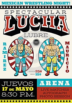 Lucha Libre Poster. Mexican Wrestler Fighters in Mask. Vector Illustration. photo
