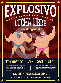 Lucha libre poster. Retro placard announced fighting match of mexican wrestlers luchador vector muscle characters photo