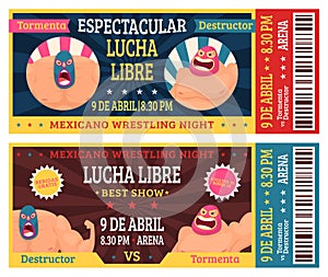 Lucha libre ticket. Mexican wrestlers in masks luchador martial fighting announcement vector design template