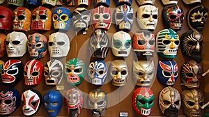 Lucha Libre wrestling masks on display at a souvenir shop in Lisbon, Portugal. Generative AI