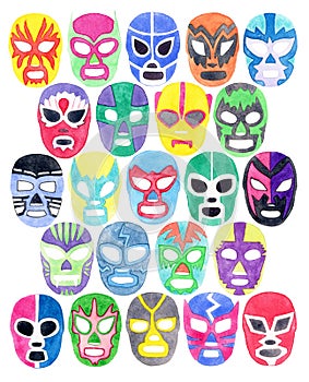 Luchador or fighter mask set. Hand-drawn lucha libre free fight masks photo