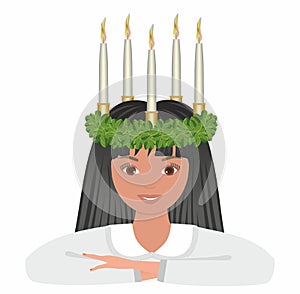 Lucia girl with black hair. Vector illustration.