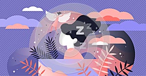 Lucid dreaming vector illustration. Flat tiny sleep control persons concept