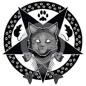 The Lucipurr - evil cat, pentagram and crossed fish bones